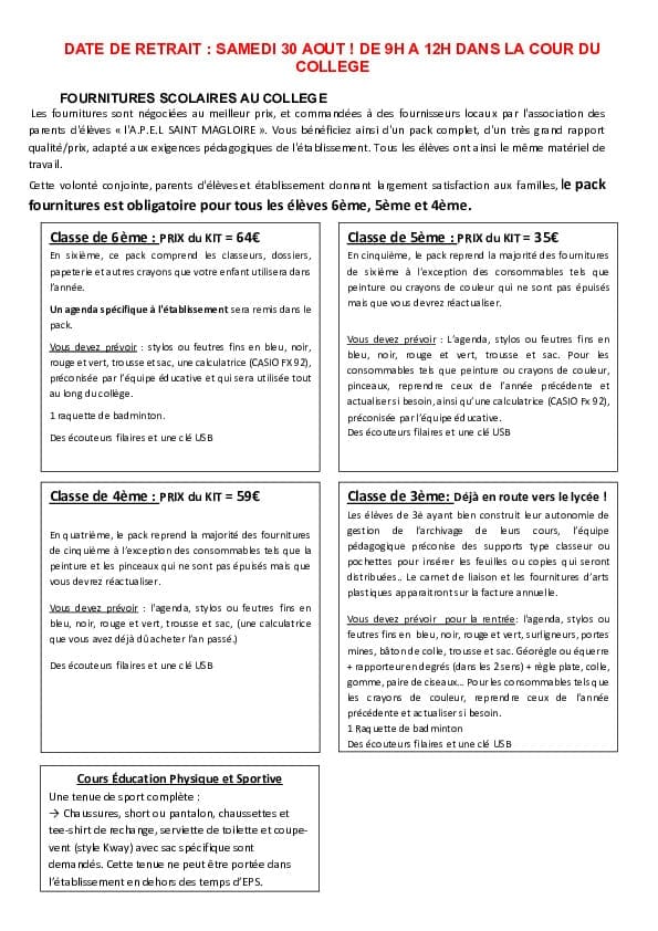 FOURNITURES SCOLAIRES AU COLLEGE 25 26 1